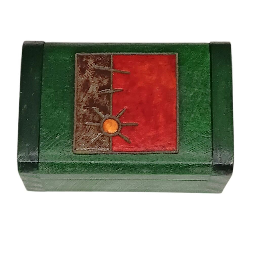 Vintage Carved Wood Trinket Box Green Red Brown With Sun From Colombia 3x2x1.25
